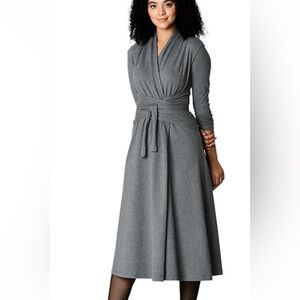 Eshakti Gray Cotton V Neck Wrap Tie Waist Knit Long Dress Obi Tie Long Sleeves L